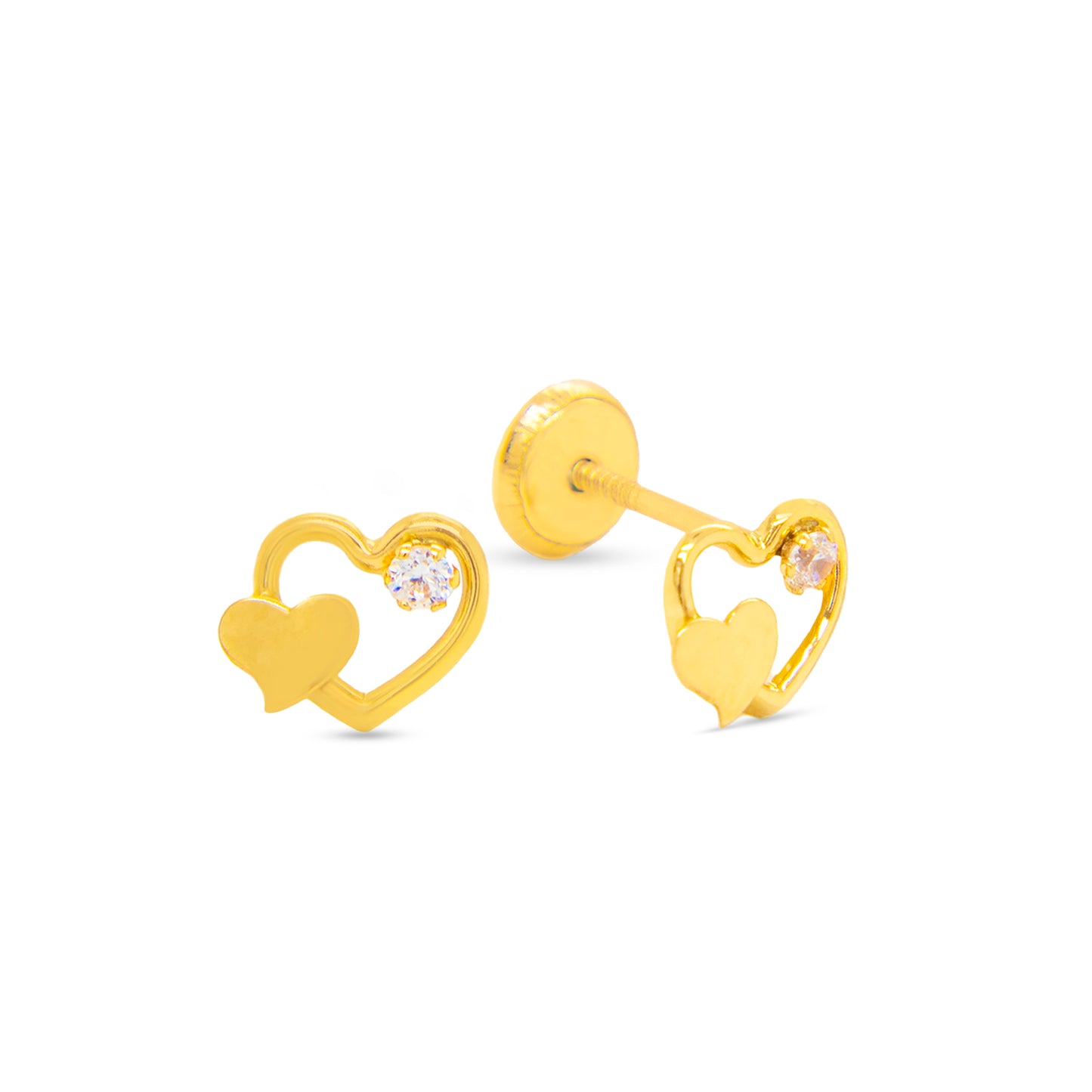 14K Yellow Gold Medium Open & Solid Heart with White CZ Stud Screwback Earrings