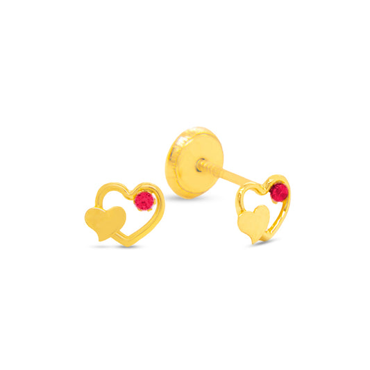 14K Yellow Gold Small Open & Solid Heart with Red CZ Stud Screwback Earrings
