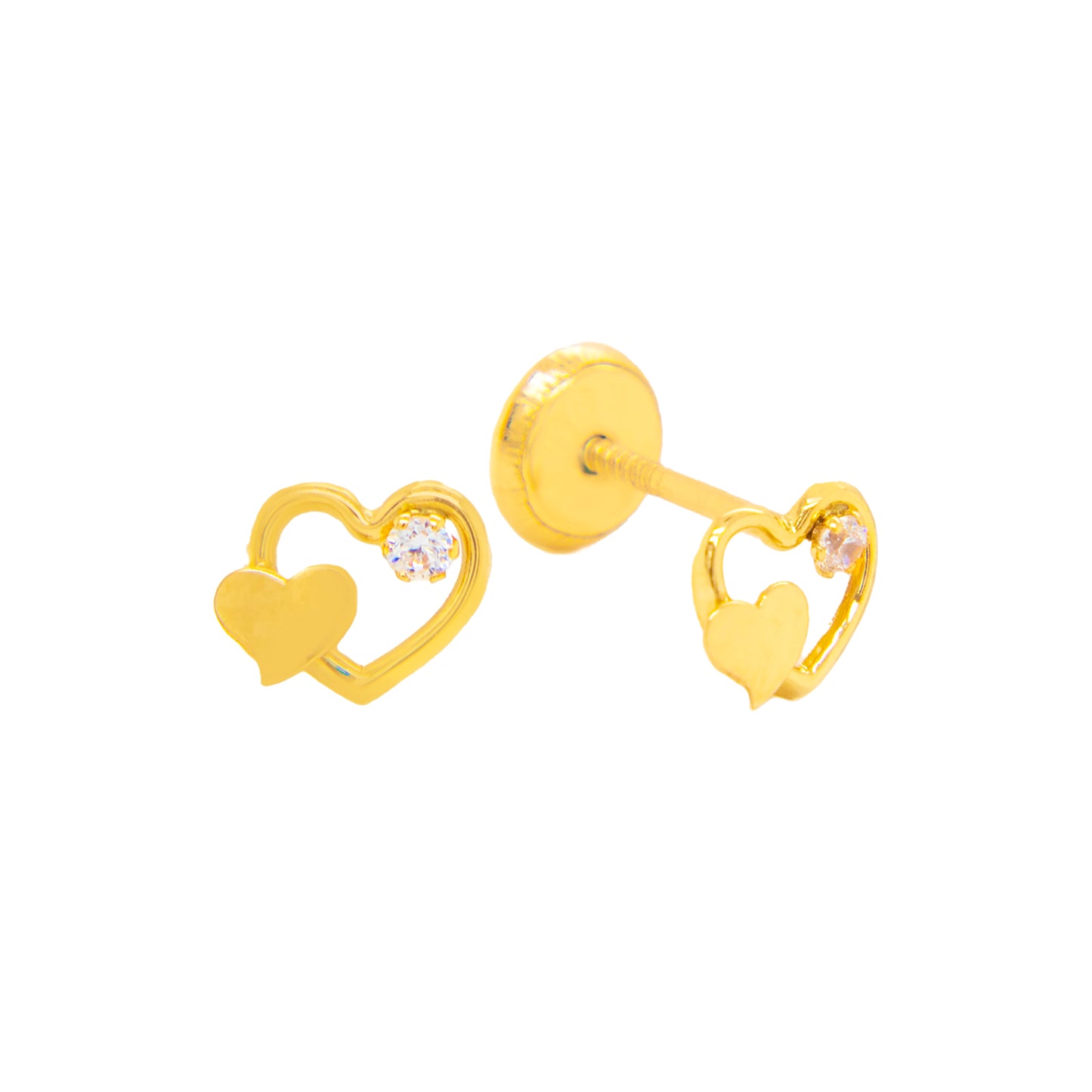 14K Yellow Gold Small Open & Solid Heart with White CZ Stud Screwback Earrings