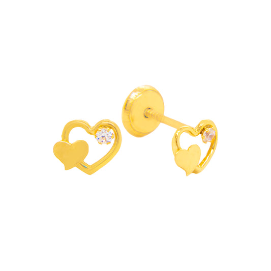 14K Yellow Gold Small Open & Solid Heart with White CZ Stud Screwback Earrings
