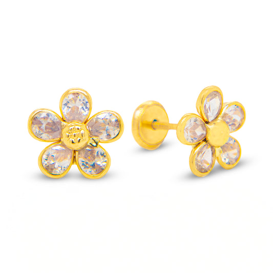 14K Yellow Gold CZ with Detailed Center Flower Stud Screwback Earrings