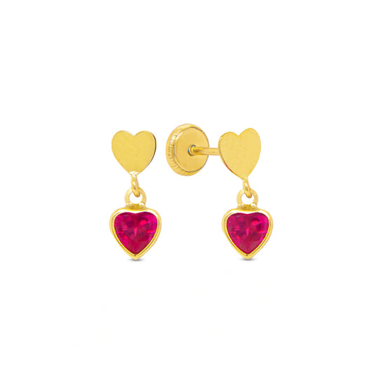 14K Yellow Gold Polished Heart and Red CZ Screwback Earrings- Small