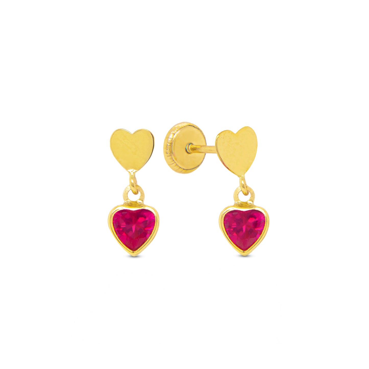 14K Yellow Gold Polished Heart and Red CZ Heart Drop Stud Screwback Earrings