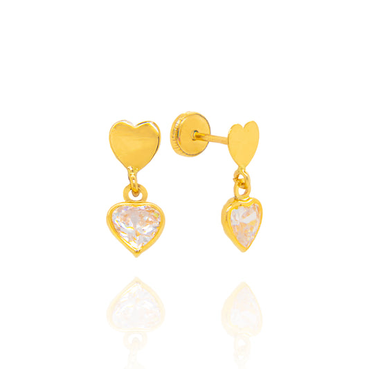 14K Yellow Gold Polished Heart and White CZ Screwback Earrings- Small