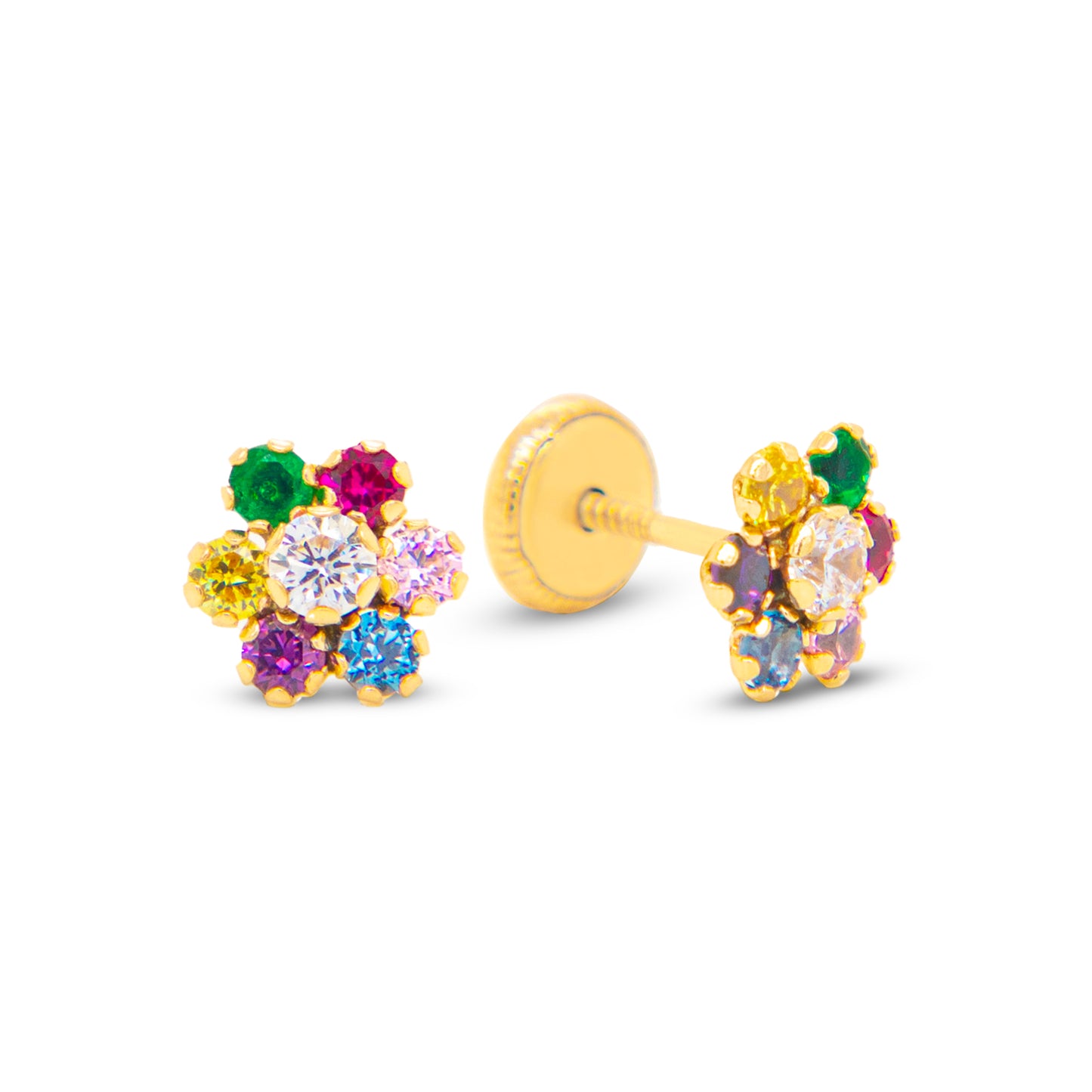 14K Yellow Gold Small Six Petal Bloom Multi-Color CZ Stud Earrings