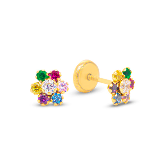 14K Yellow Gold Extra Small Six Petal Bloom Multi-Color CZ Stud Earrings