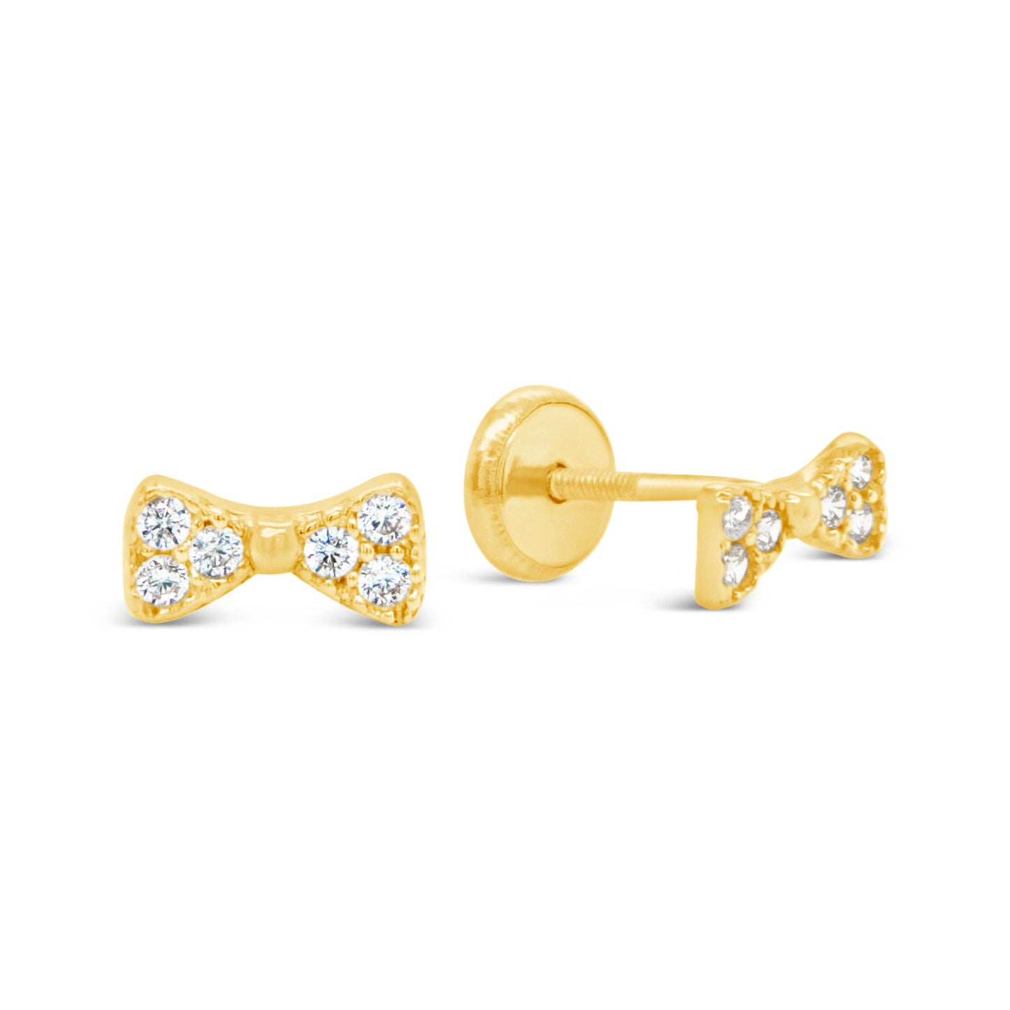 14K Yellow Gold Radiant Pave White CZ Classic Bow Stud Screwback Earrings