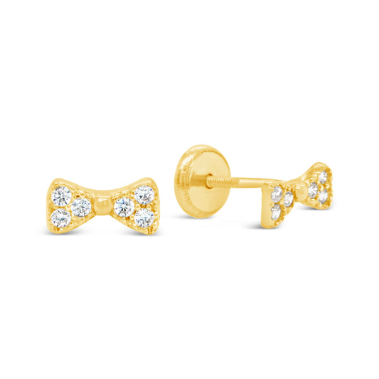 14K Yellow Gold Radiant Pave White CZ Classic Bow Stud Screwback Earrings