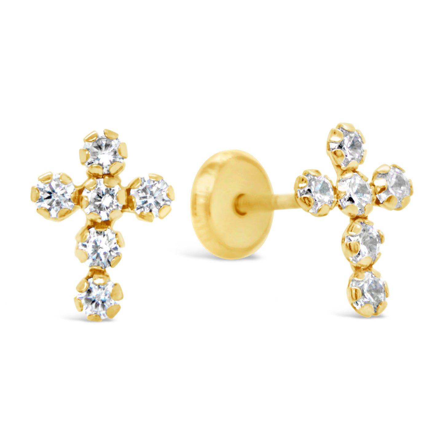 14K Yellow Gold Radiant CZ Cluster Cross Stud Screwback Earrings