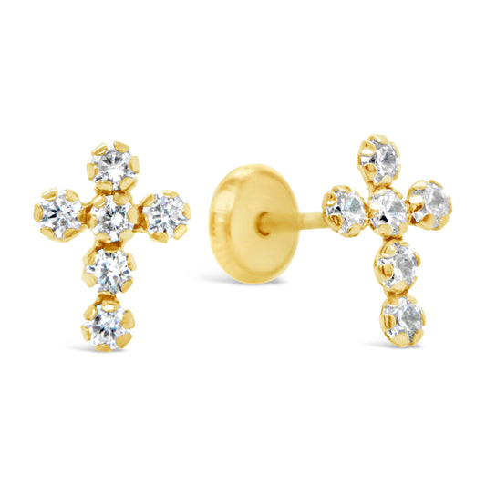 14K Yellow Gold Radiant CZ Cluster Cross Stud Screwback Earrings
