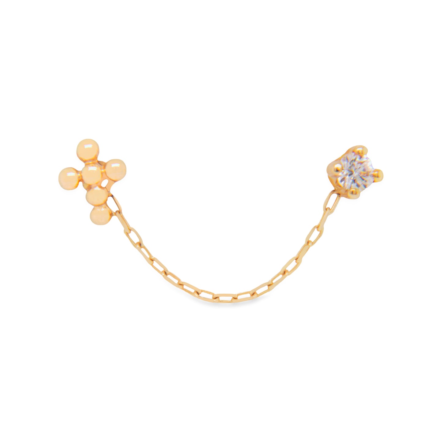 14K Yellow Gold Solitaire CZ Cross Single Chain Link Stud Screwback Earrings