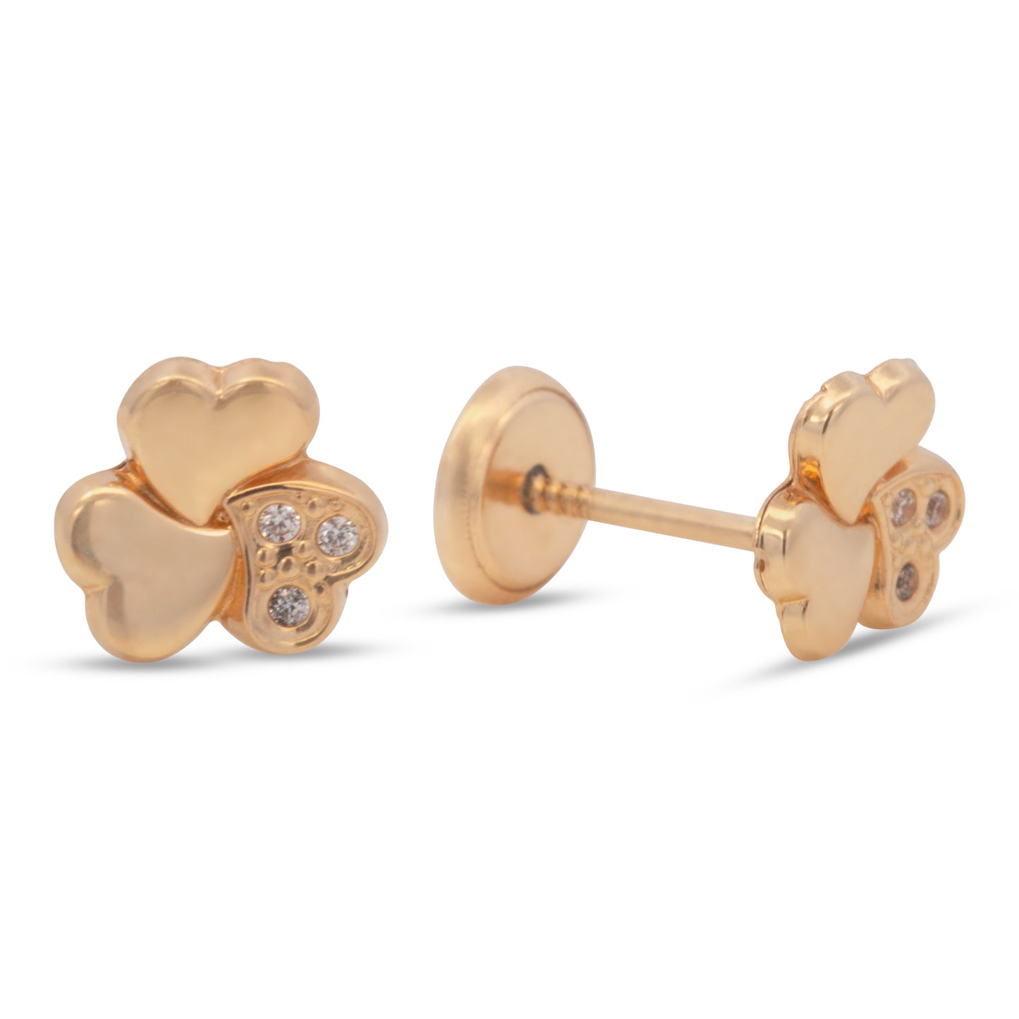 14K Yellow Gold Three-Heart Clover with CZ Accents Stud Screwback Earrings