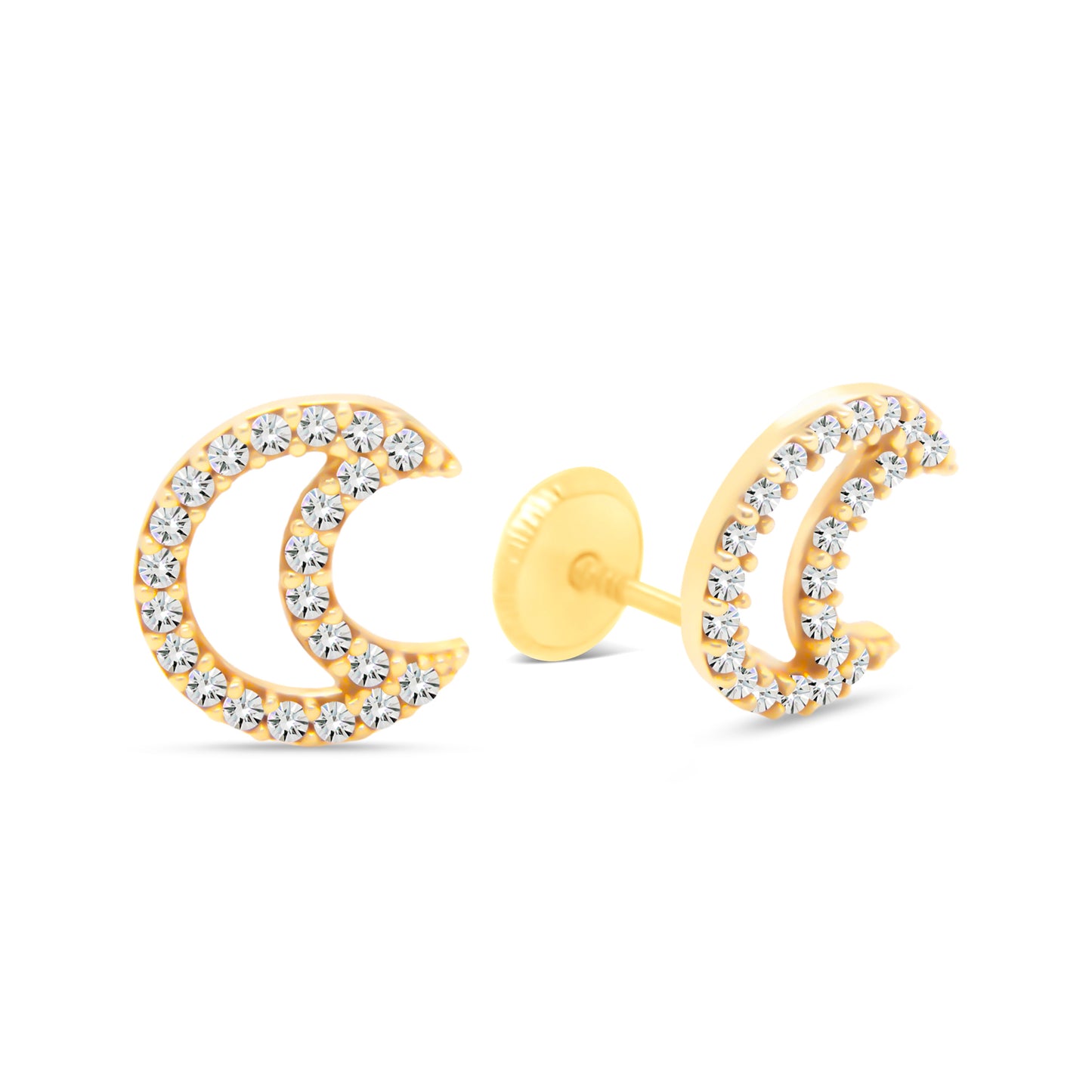 14K Yellow Gold Medium Open Crescent Moon Pave CZ Screwback Earrings