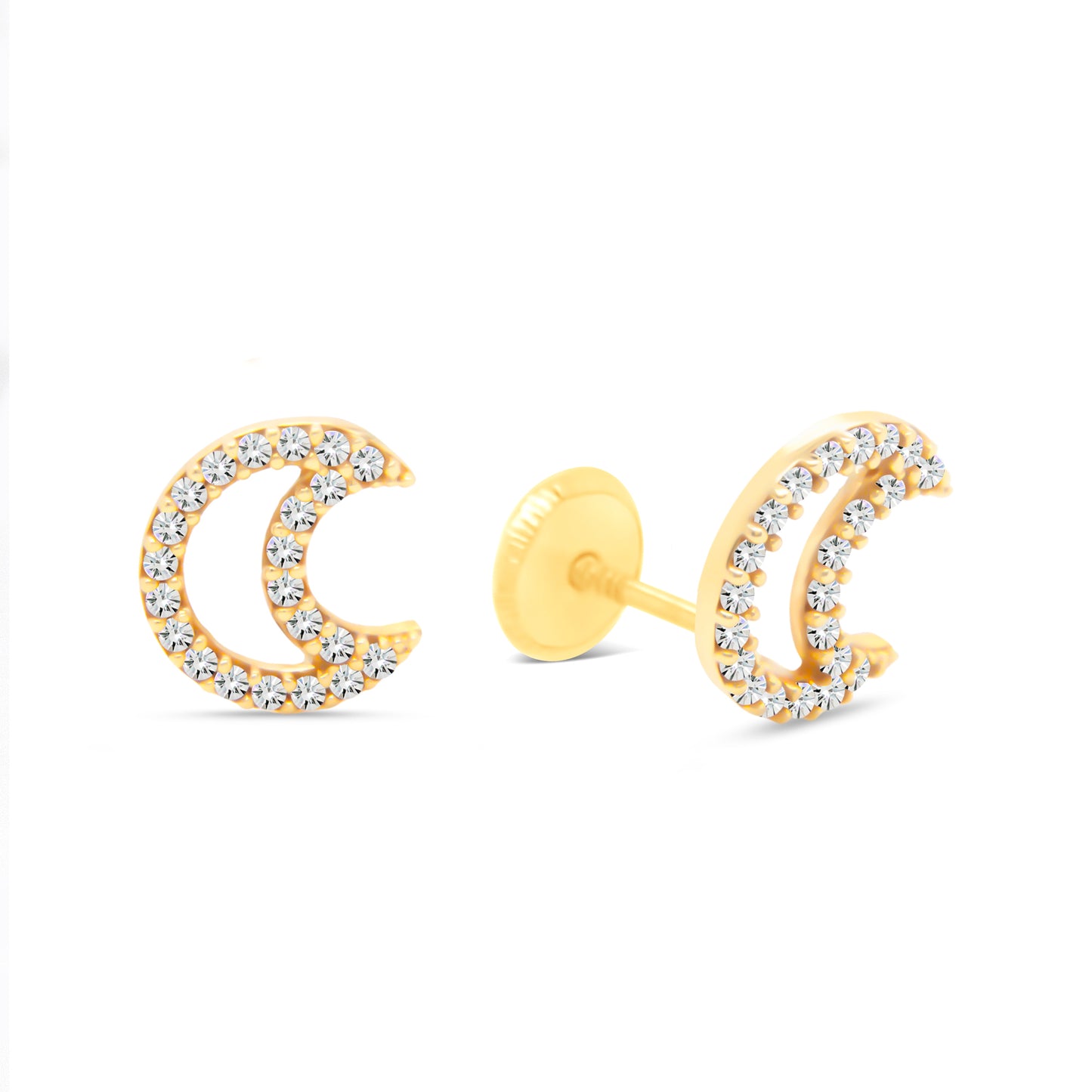 14K Yellow Gold Small Open Crescent Moon Pave White CZ Stud Screwback Earrings