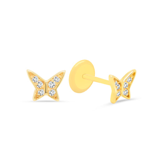 14K Yellow Gold Small Butterfly with White CZ Accents Stud Screwback Earrings-2