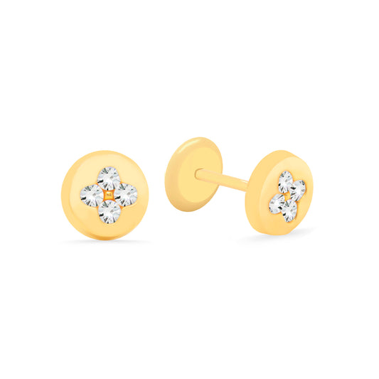 14K Yellow Gold Medium Radiant Pave Clover Round Stud Screwback Earrings