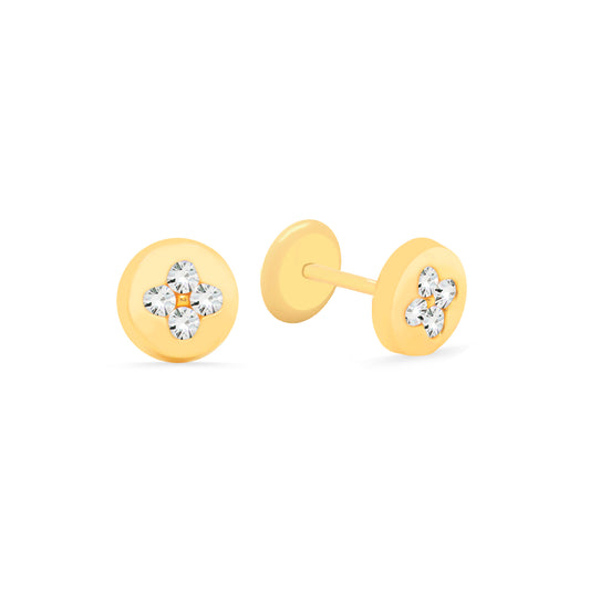 14K Yellow Gold Small Radiant Pave Clover Round Stud Screwback Earrings