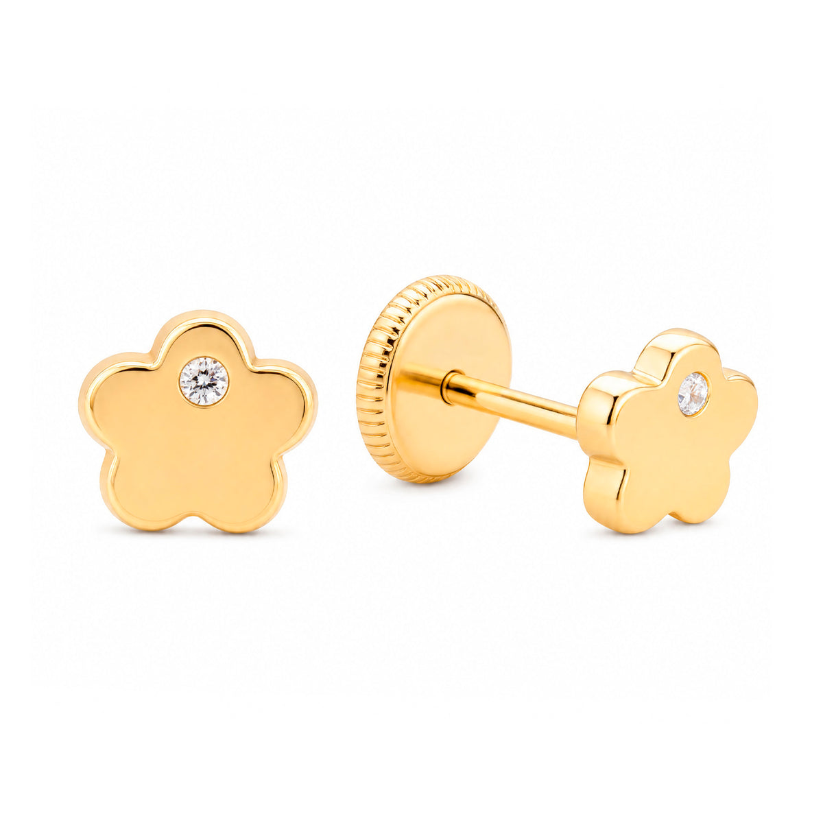 14K Yellow Gold Flat Blossom Flower with CZ Accent Stud Screwback Earrings