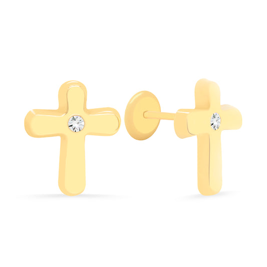 14K Yellow Gold Large Cross with Solitaire CZ Stud Screwback Earrings
