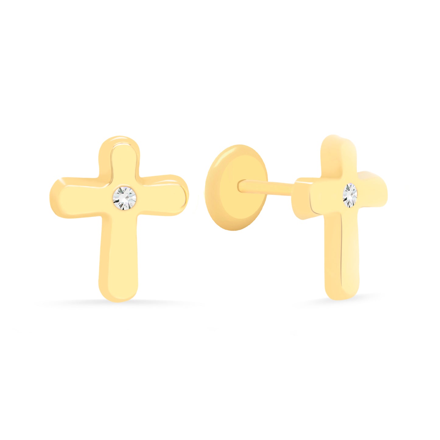 14K Yellow Gold Medium Cross with Solitaire CZ Stud Screwback Earrings