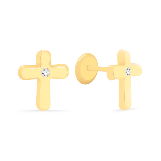 14K Yellow Gold Medium Cross with Solitaire CZ Stud Screwback Earrings
