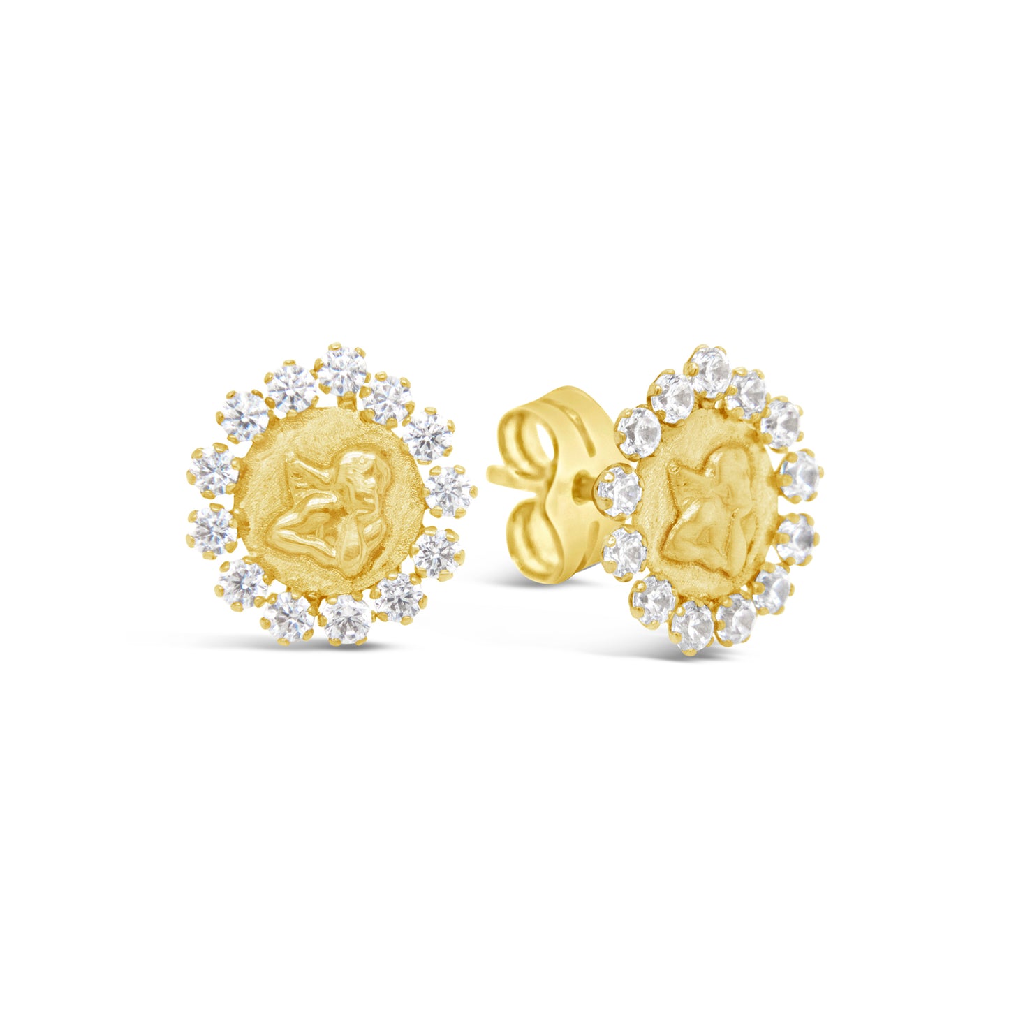14K Yellow Gold Radiant Angel Medal with White CZ Halo Stud Screwback Earrings