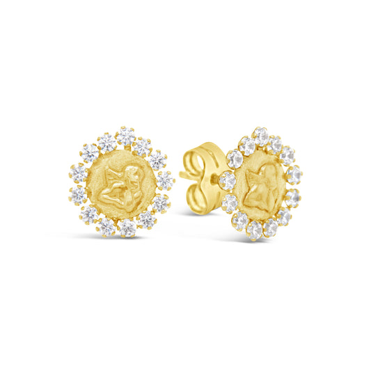 14K Yellow Gold Radiant Angel Medal with White CZ Halo Stud Pushback Earrings