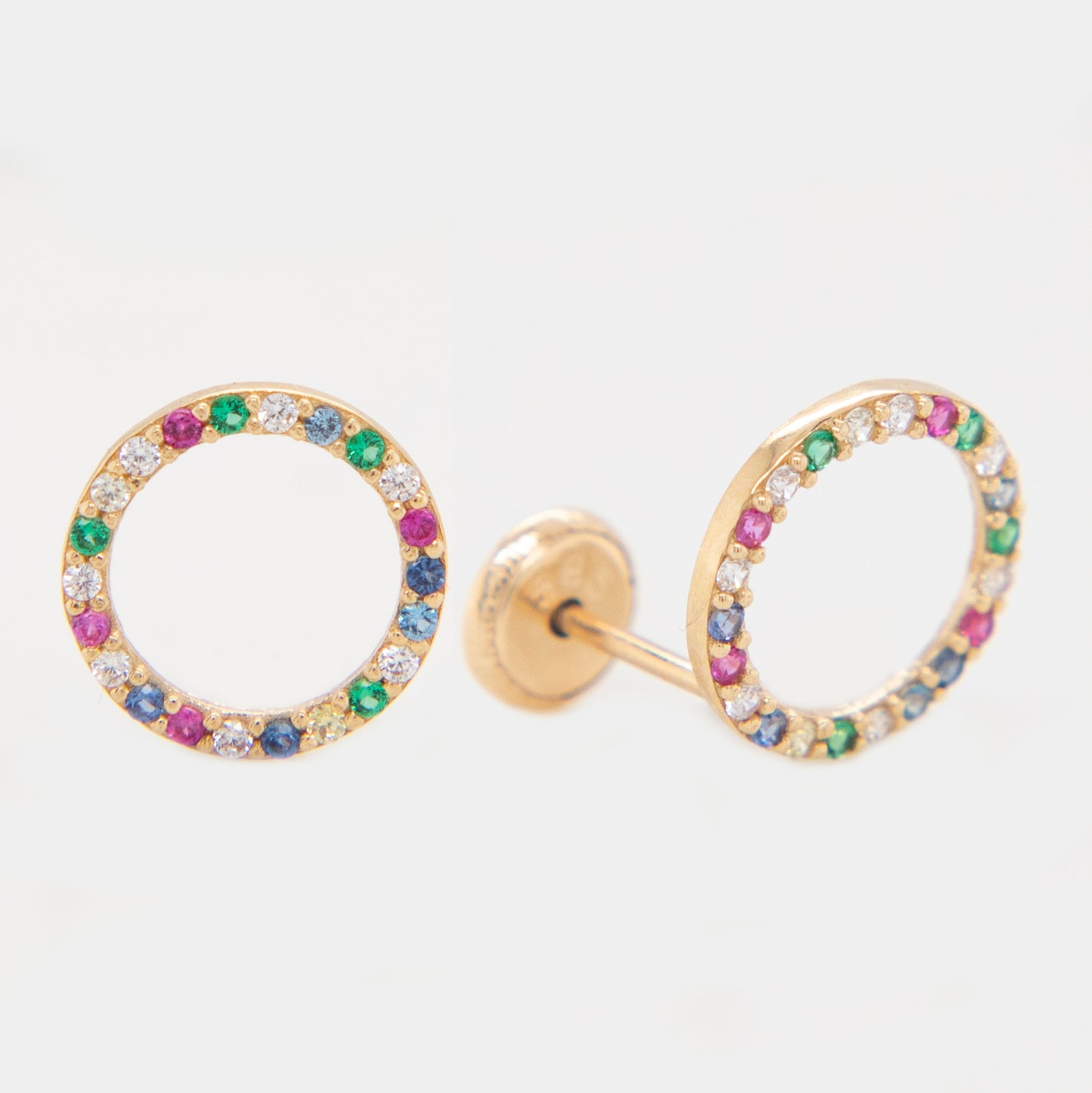 14K Yellow Gold Large Open Circle Pave Multi-Color CZ Stud Screwback Earrings