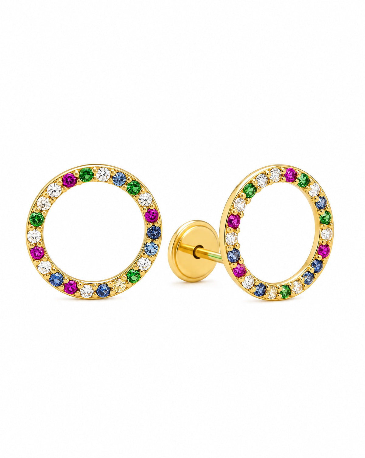 14K Yellow Gold Large Open Circle Pave Multi-Color CZ Stud Screwback Earrings