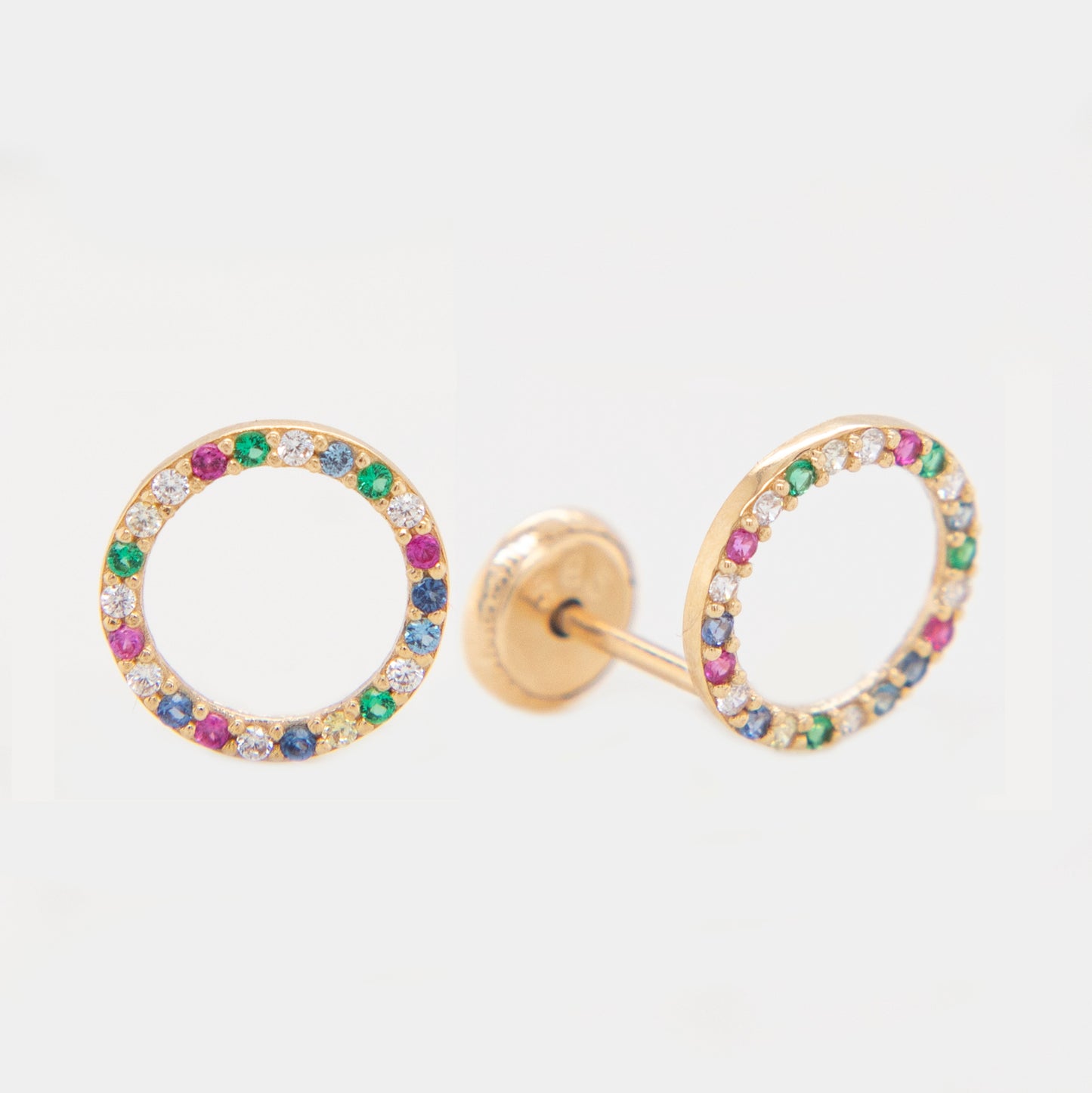 14K Yellow Gold Medium Open Circle Pave Multi-Color CZ Stud Screwback Earrings
