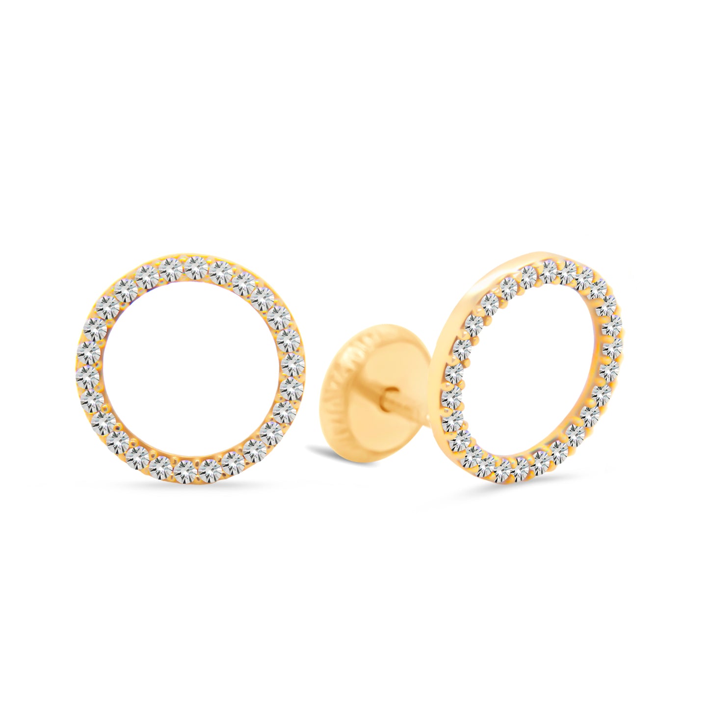 14K Yellow Gold Medium Open Circle Pave White CZ Stud Screwback Earrings