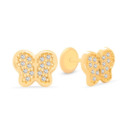 14K Yellow Gold Round Butterfly with White CZ Accents Stud Screwback Earrings