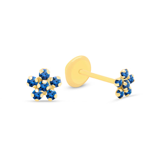 14K Yellow Gold Blue CZ Crystal Flower Stud Screwback Earrings