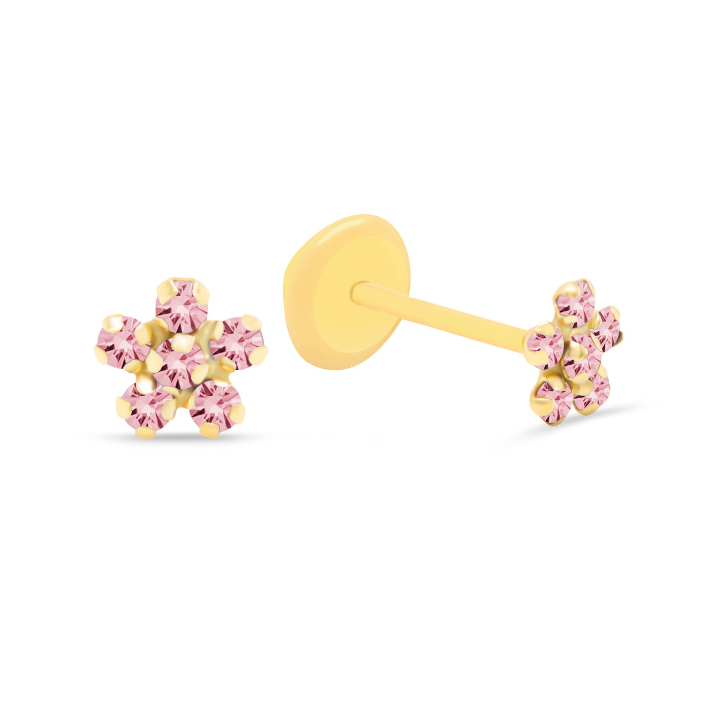 14K Yellow Gold Pink CZ Crystal Flower Stud Screwback Earrings
