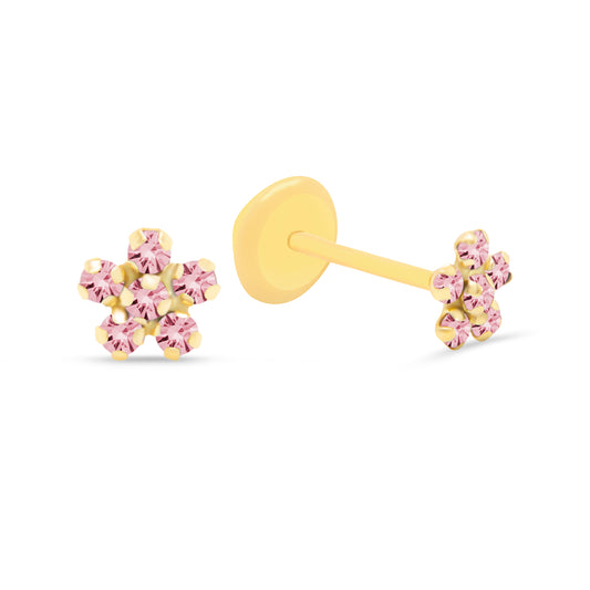 14K Yellow Gold Pink CZ Crystal Flower Stud Screwback Earrings