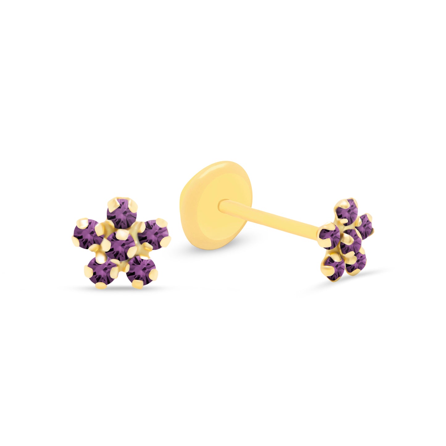 14K Yellow Gold Purple CZ Crystal Flower Stud Screwback Earrings