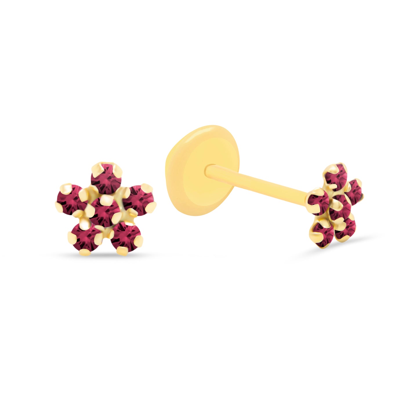 14K Yellow Gold Red CZ Crystal Flower Stud Screwback Earrings