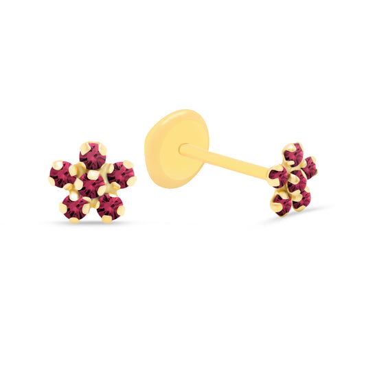 14K Yellow Gold Red CZ Crystal Flower Stud Screwback Earrings