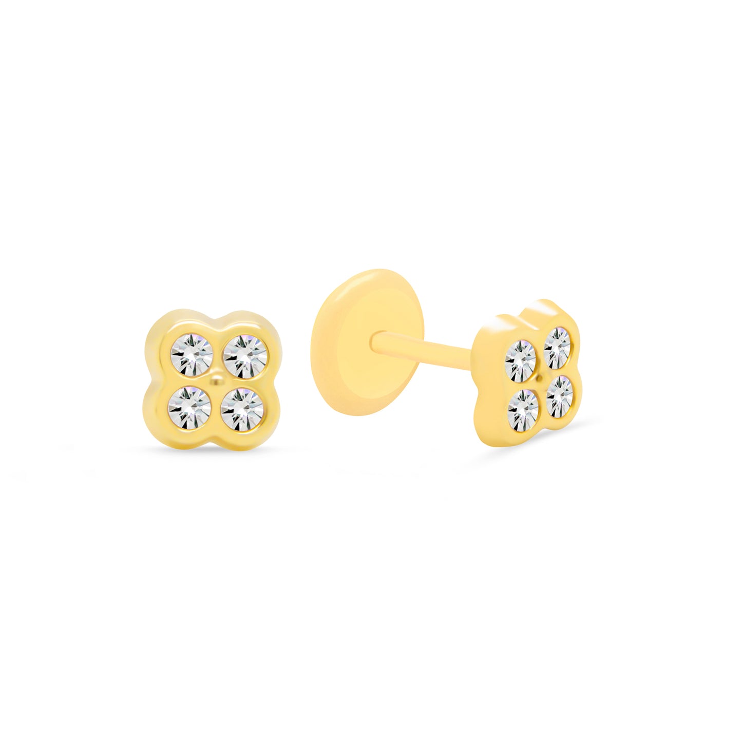 14K Yellow Gold Extra Small Radiant Pave Round Clover Stud Screwback Earrings