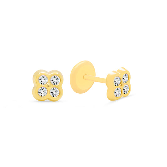 14K Yellow Gold Extra Small Radiant Pave Round Clover Stud Screwback Earrings