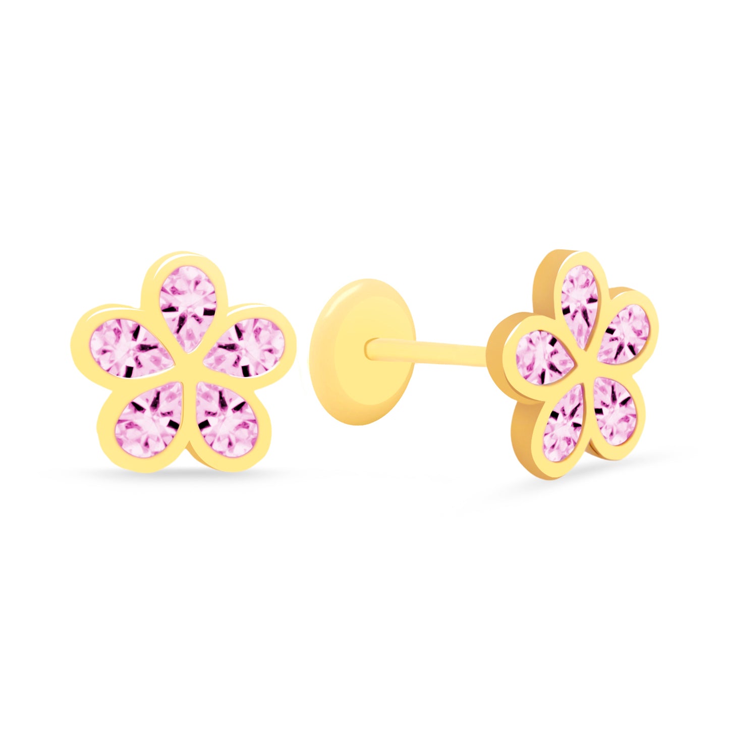 14K Yellow Gold Medium Fancy Pink CZ Five Leaf Flower Stud Screwback Earrings