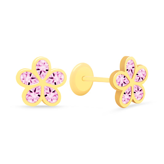 14K Yellow Gold Medium Fancy Pink CZ Five Leaf Flower Stud Screwback Earrings