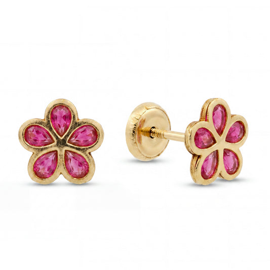 14K Yellow Gold Medium Fancy Red CZ Five Leaf Flower Stud Screwback Earrings