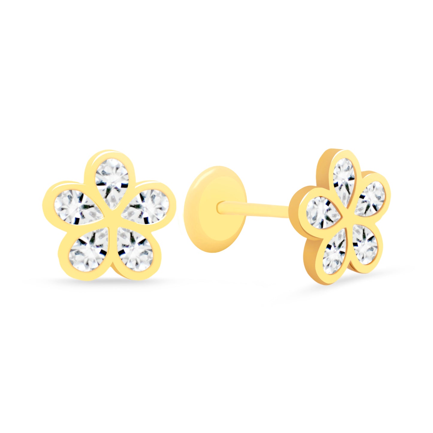14K Yellow Gold Medium Fancy White CZ Five Leaf Flower Stud Screwback Earrings