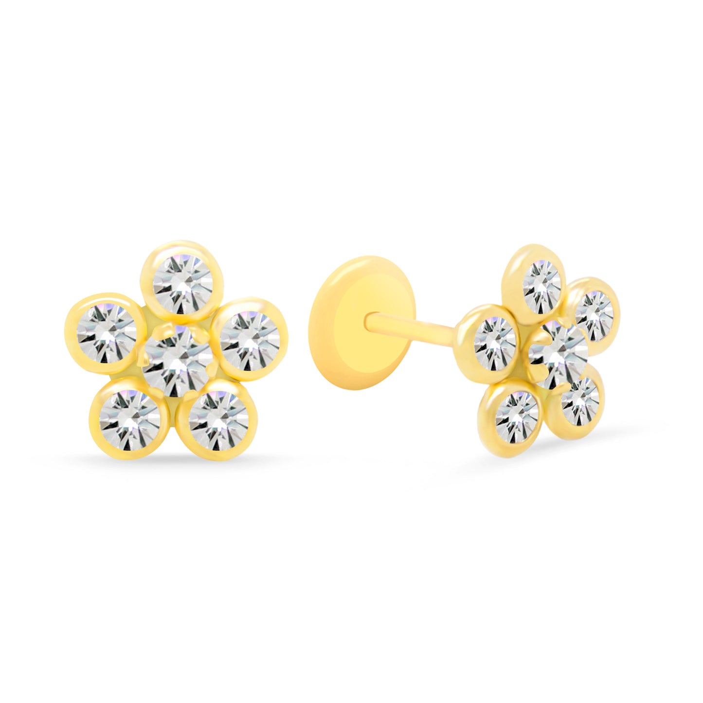 14K Yellow Gold Six Petal Bloom White CZ Stud Earrings