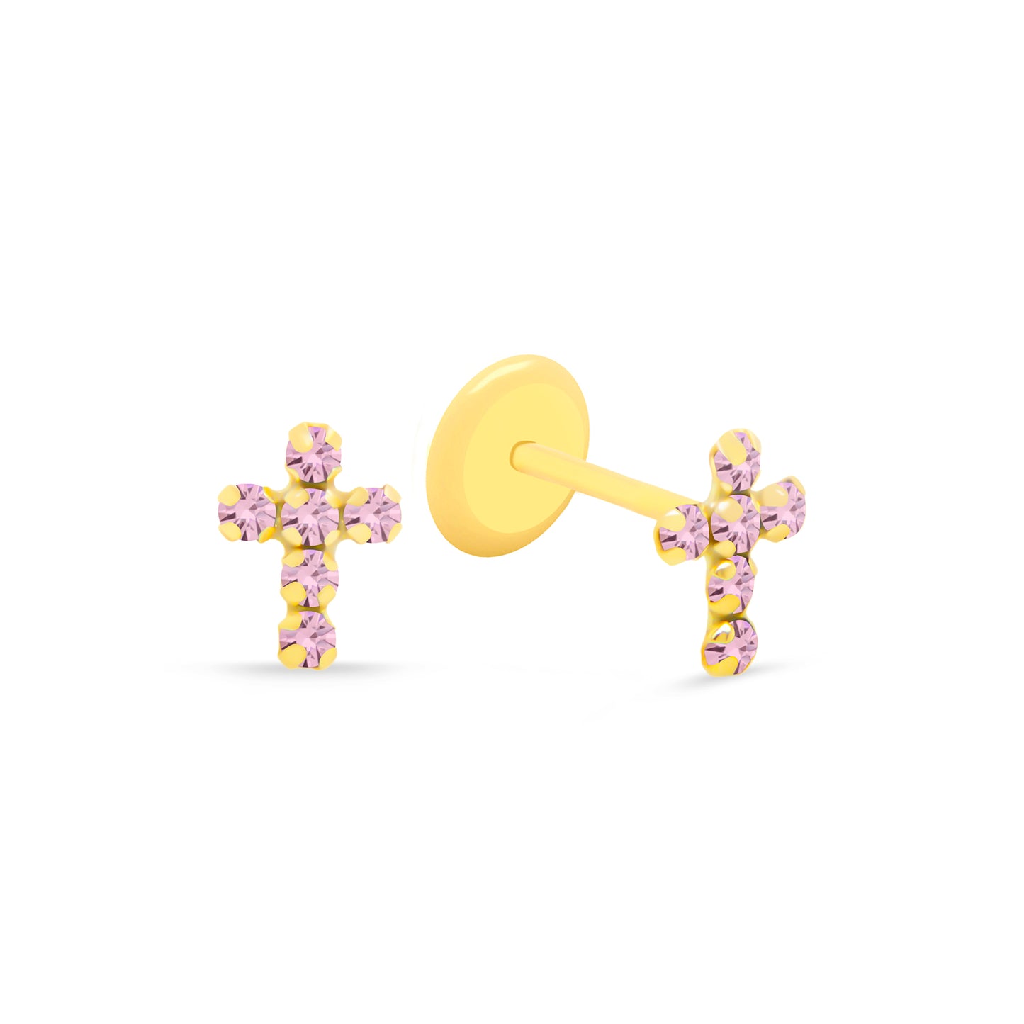 14K Yellow Gold Radiant Pink CZ Cross Stud Screwback Earrings