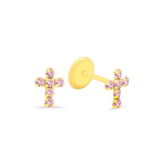 14K Yellow Gold Radiant Pink CZ Cross Stud Screwback Earrings