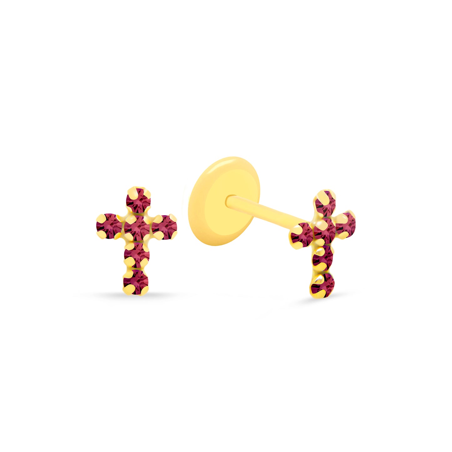 14K Yellow Gold Radiant Red CZ Cross Stud Screwback Earrings