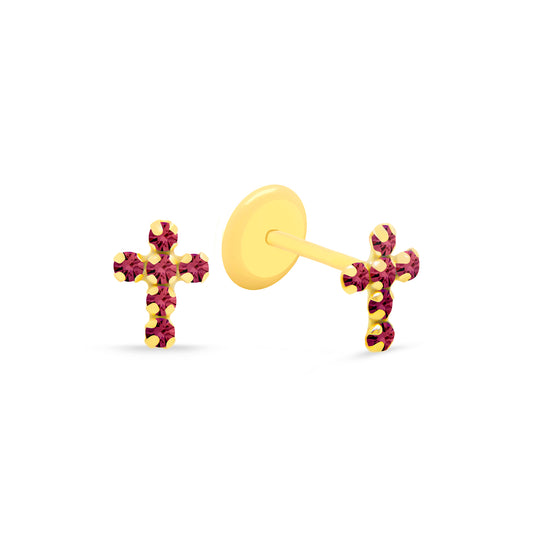 14K Yellow Gold Radiant Red CZ Cross Stud Screwback Earrings