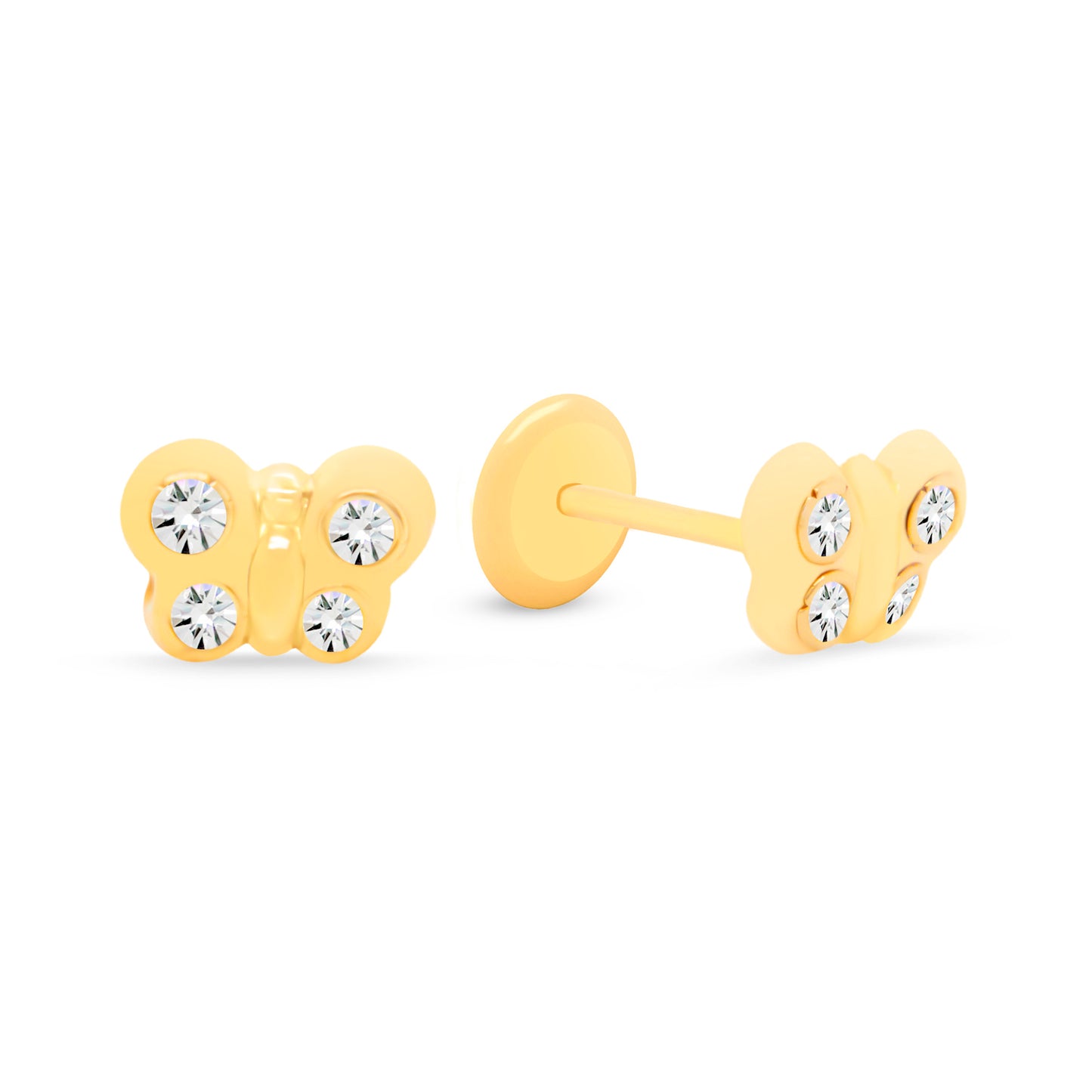 14K Yellow Gold Small Butterfly with White CZ Accents Stud Screwback Earrings